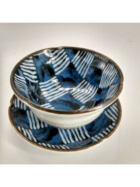 Bone China Blue & White Rice Bowl & Saucer Japanese - Maker signed